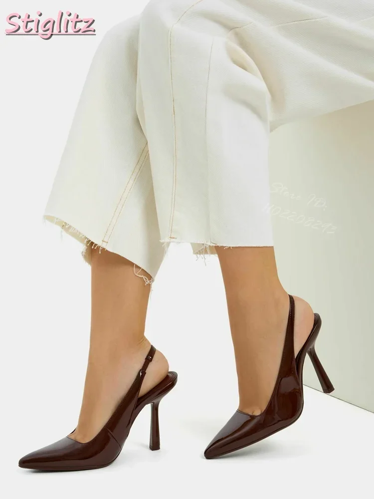 

Patent Leather Pointed Pumps Sexy Shallow Strappy Slip-on Thin Heels Women 2025 Summer Casual New Dress Stilettos Shoes Brown