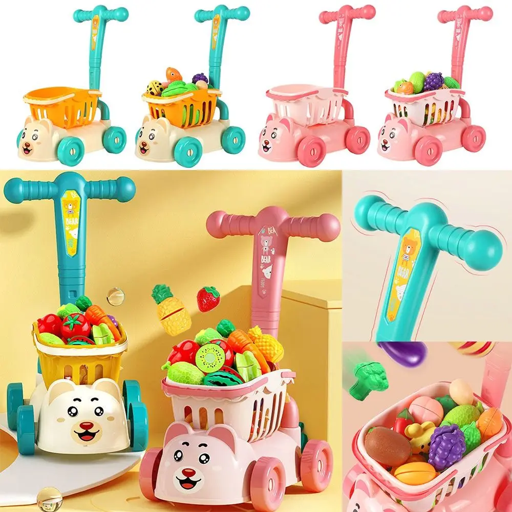 Multicolor Shopping Cart Toy Cartoon Bear Fruit Cutting Supermarket Trolley Toy Intellectual Development Playing House