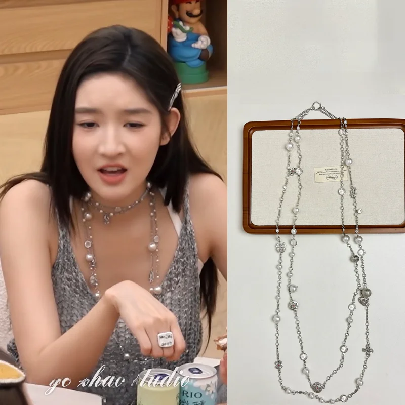 long-pearl-nelace-cross-pendant-layering-sweater-chain-adjustable-clasp-faion-jewelry-ele-lady's-accory