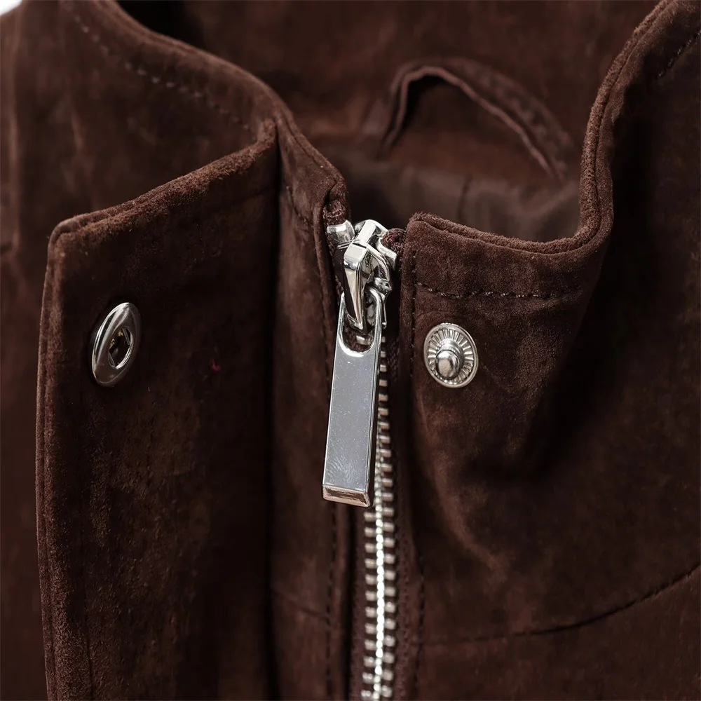 خريف جديد ميلارد بني أمريكي بياقة واقفة سترة قصيرة وصغيرة من جلد الغزال #3