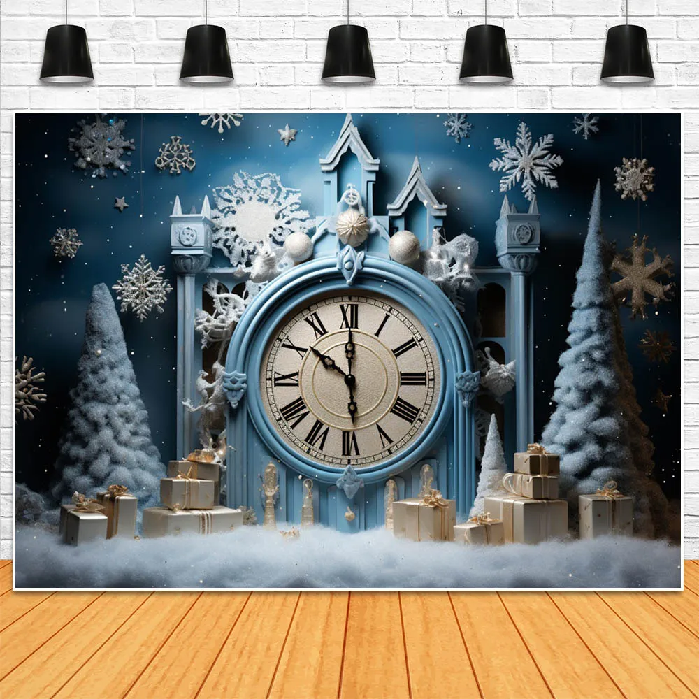 Mocsicka Christmas Backdrop Photography Vintage Clock Dark Blue Wall Snow Winter Outdoor Photo Background for Photo Studio Props