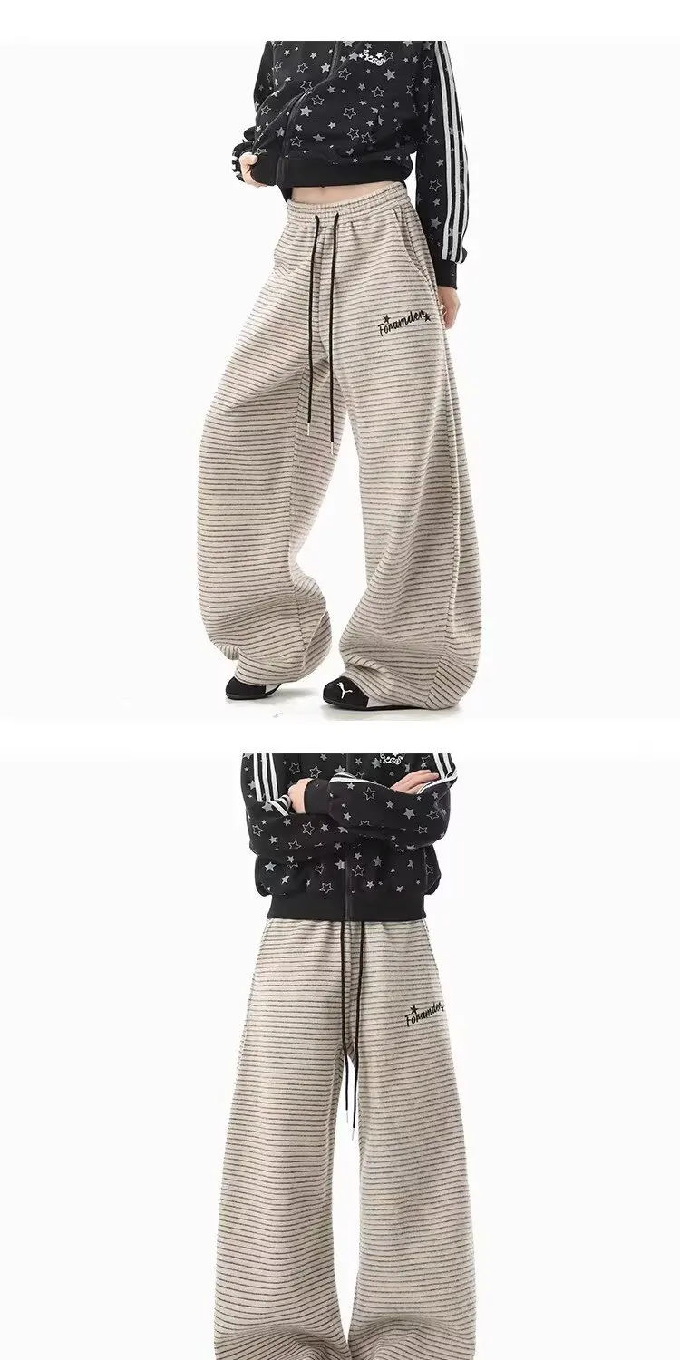 Amerikaanse luie stijl horizontale streep hangende wijde pijpen broek 2026 herfst en winter hoge taille afslankende dames abrikoos recht