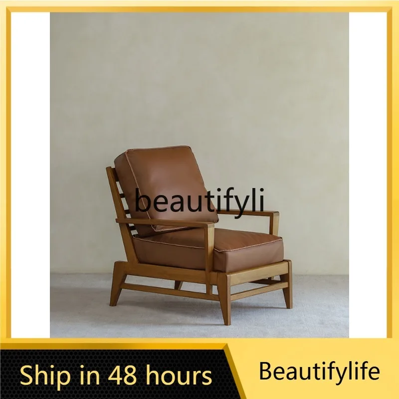 

Vintage Top Layer Cowhide Single Living Room Solid Wood Leisure Chair Wabi-Sabi Recliner Designer Genuine Leather Sofa Chair