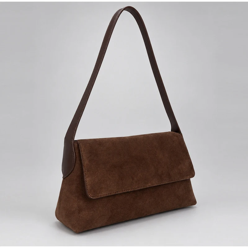 Vintage Suede Flap Underarm Bag For Women Autumn Winter Solid Color Simple Commuter Shoulder Handbag Ladies Fashion Purse