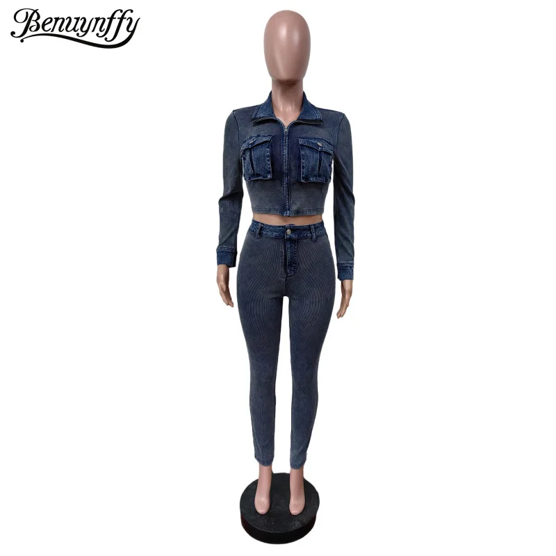 

Benuynffy Women's Elastic Denim Set Fashion Long Sleeve Zip Up Crop Denim Jacket And Pencil Jeans Two Piece Set Woman Outfits