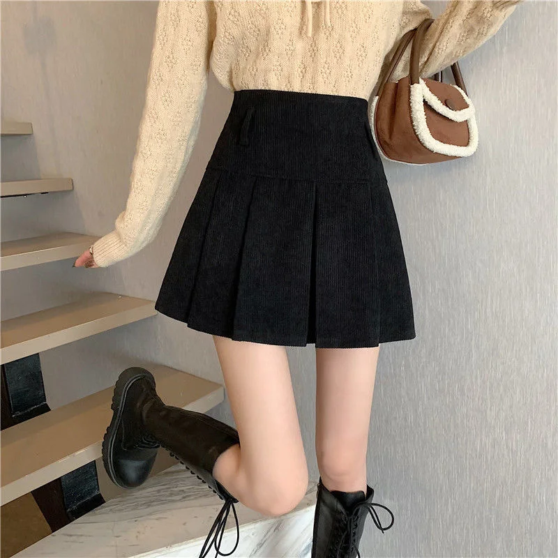 Pleated Skirts Women High Waist Corduroy Slim Sweet Retro Ins Mini Kawaii Japanese Style Schoolgirl Spring Summer Fashion Faldas