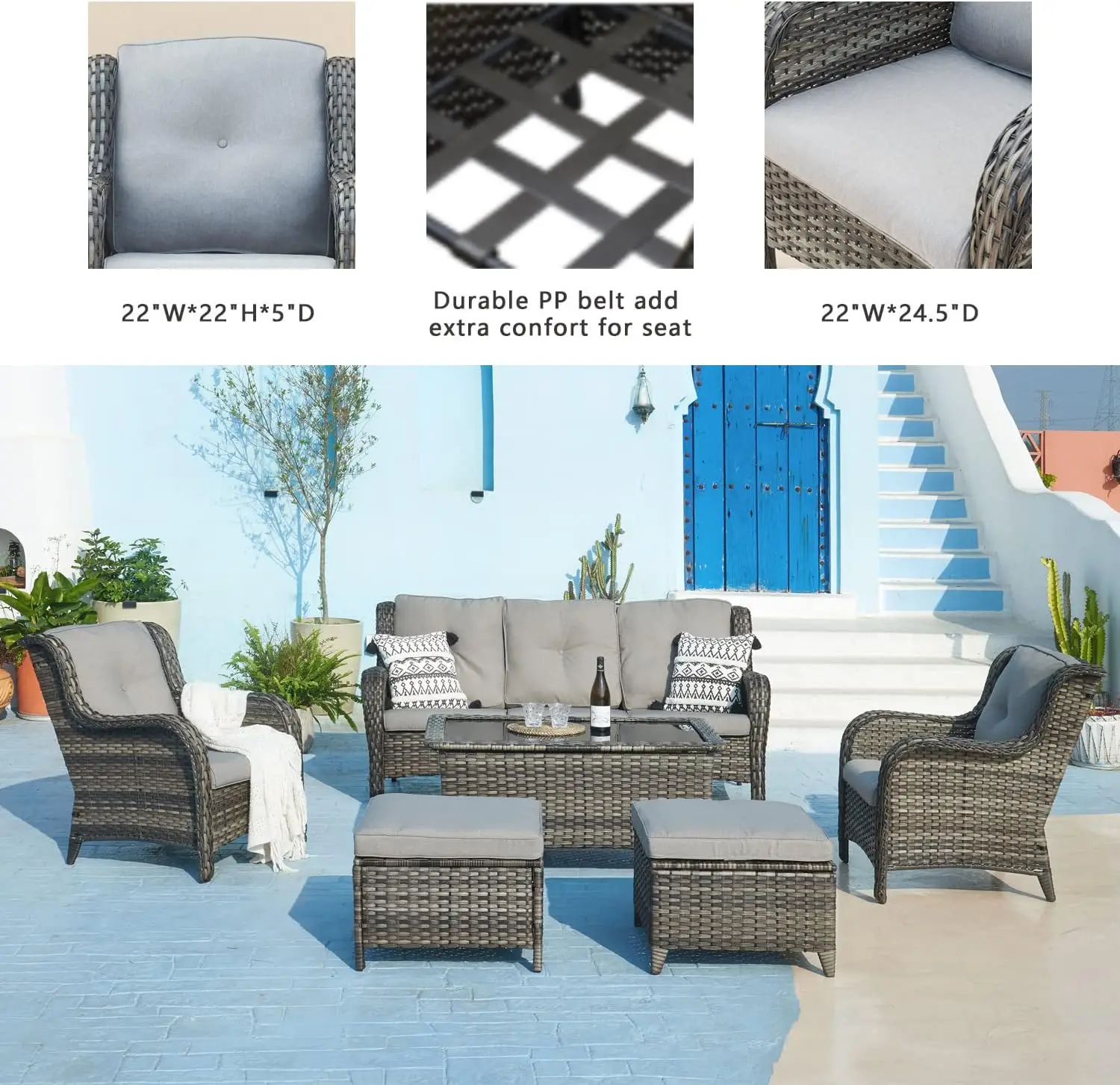 Outdoor Patio Wicker Móveis Set, Rattan secional Sofá Set, 3-Seat Couch,2 poltronas, 2 Footests Otomano, 6 PCs