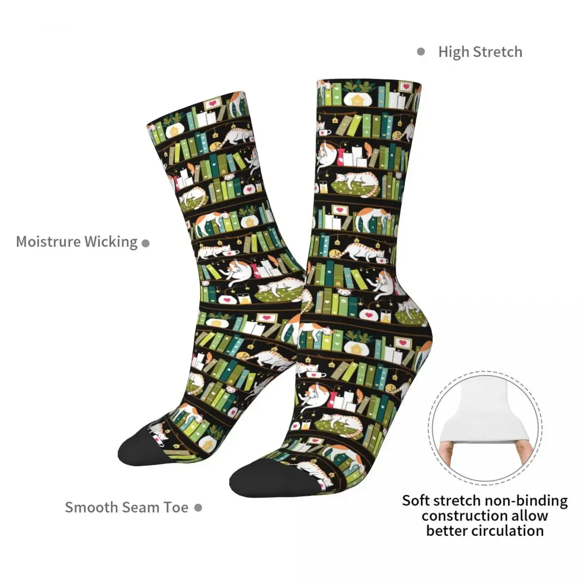 Library Cats - Whimsical Cats On The Book Shelves Socks Harajuku High Quality Stockings All Season Long Socks Accessories