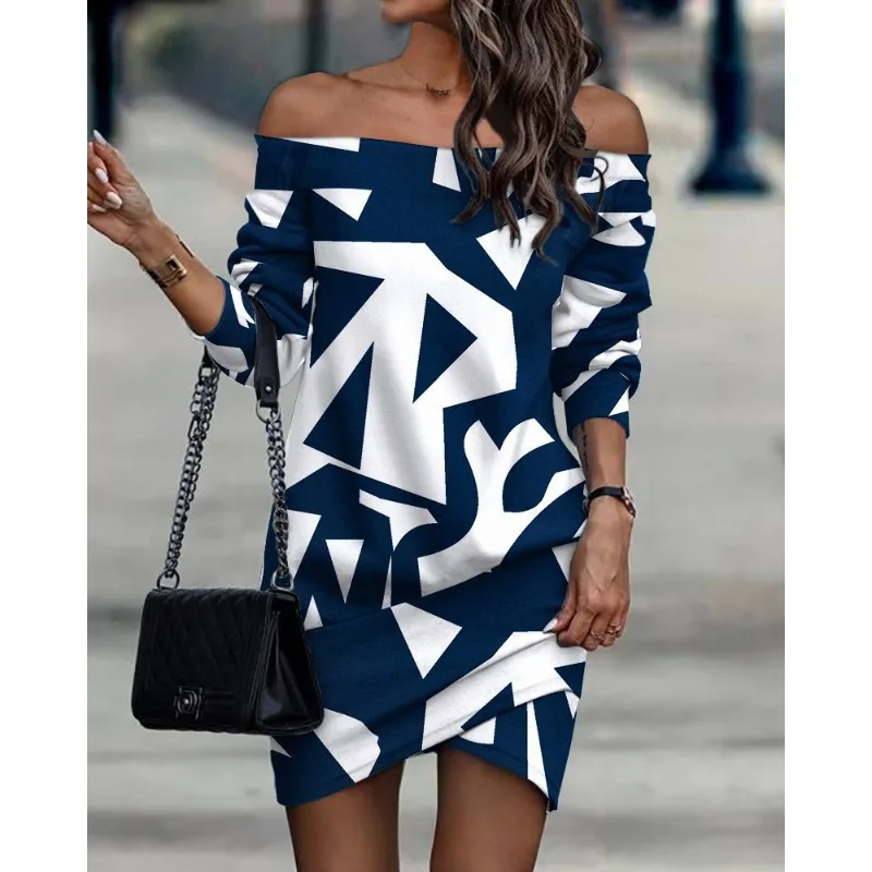 

Women Fashion Leopard Print Off Shoulder Irregular Mini Dress Spring Autumn New Sexy Dress Women's Long Sleeve Slash Neck Dress