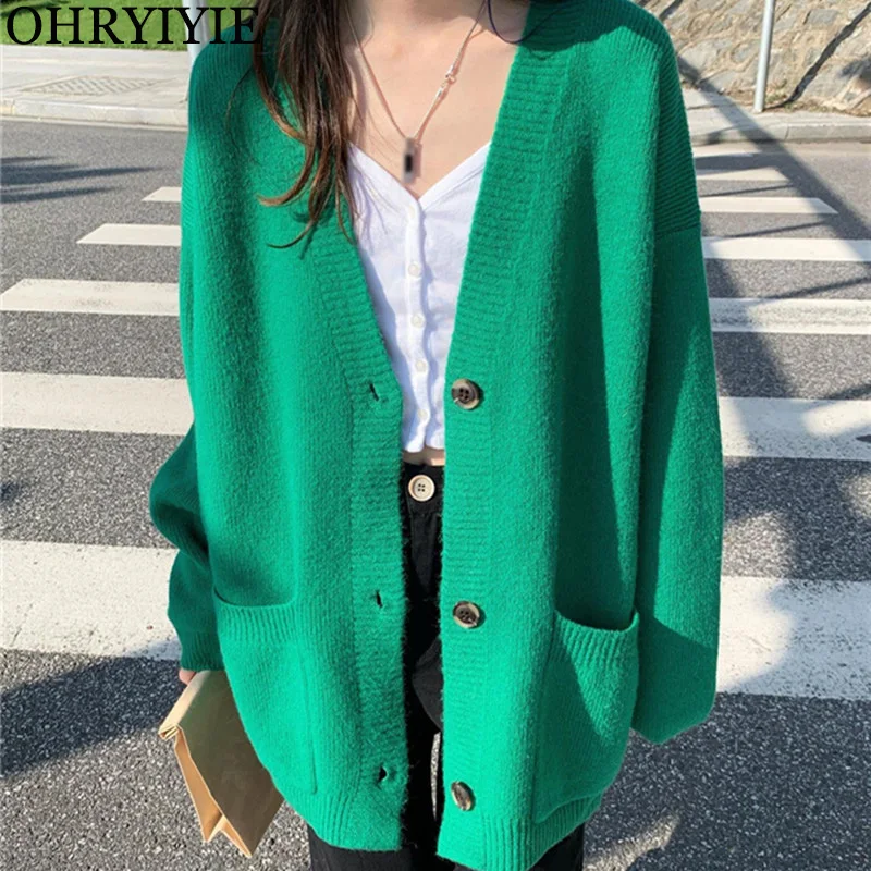 Green Women Sweater Mid-length Cardigan 2023 Autumn Winter Loose V-neck Knitted Cardigans Female Long Sleeve Sweaters Midi Coat