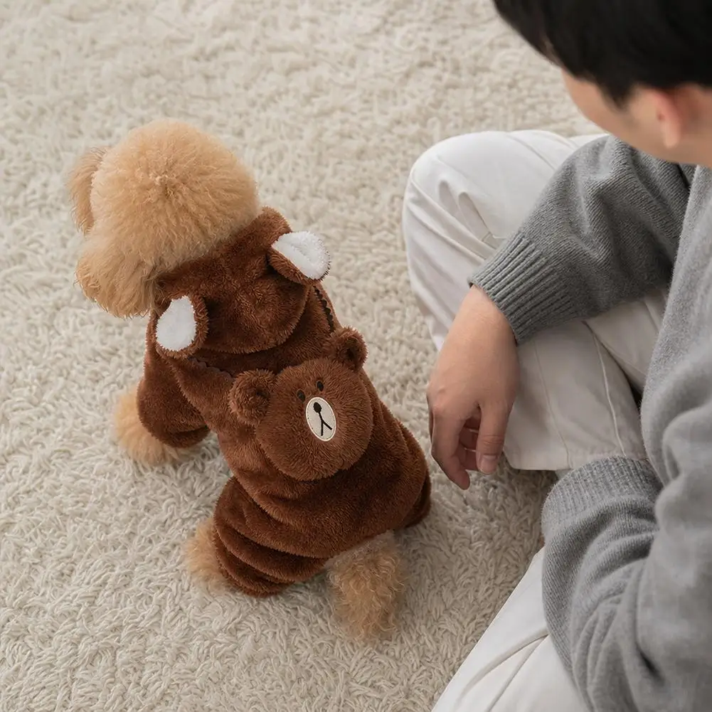 Cute Bear Ear Dog Clothes Winter Warm Fleece Four-Legged Jumpsuit Thick Pet Coat Hoodie For Small Dogs Teddy Poodle Cat