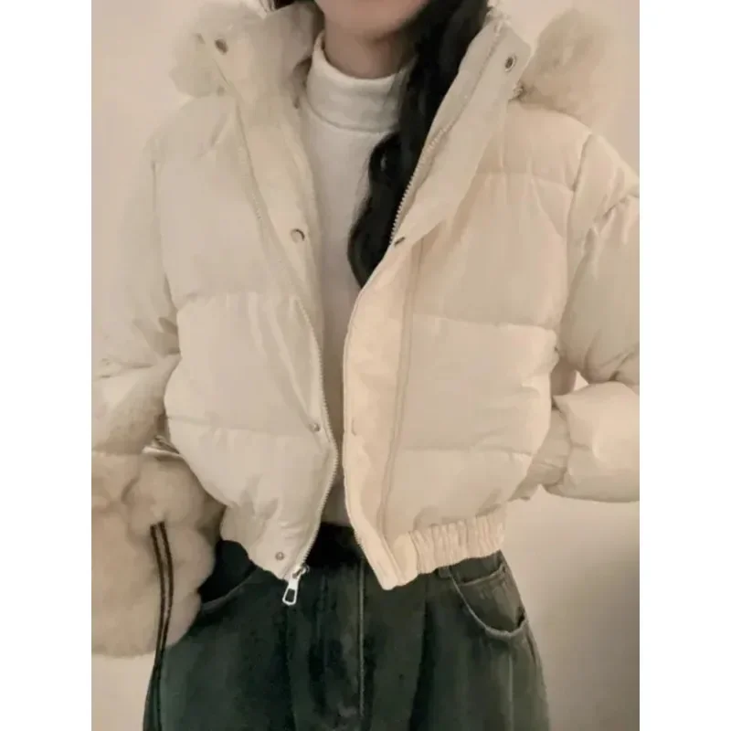 South korea Chic Autumn and Winter Fur Collar Hood Short down Coat Women Fashion Thick Warm Fleece-lined Cotton-padded jacket...