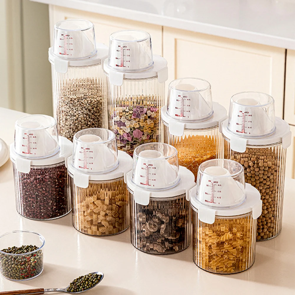 Transparent Food Storage Box With Pour Spout Measure Cup Lid Sugar Beans Cereal Storage Container Kitchen Organizer Bin