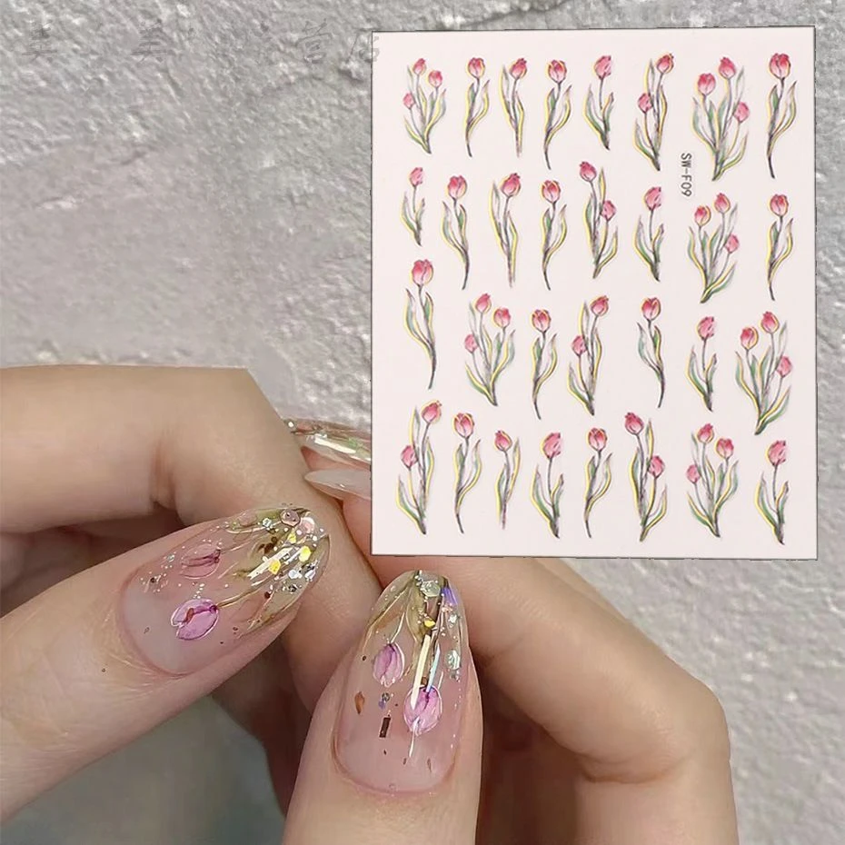 Tulip Pink Pretty Nail Art Sticker Oil Painting Style Self-adhesive Decal Cartoon Simple Strokes Sliders Manicure Decoration