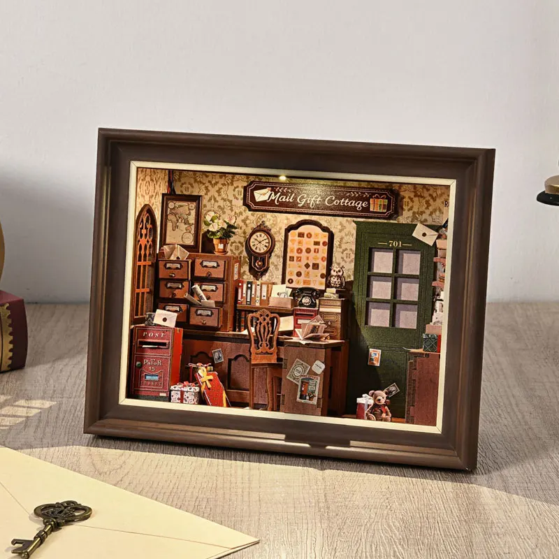 Retro Post Office Book Nook DIY Kit with LED Light 3D Wooden Miniature Scene Model Bookshelf Insert Decor Handmade Craft Gift