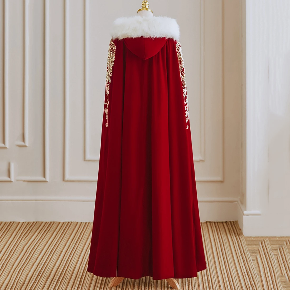 Новая красная бархатная Свадебная накидка с аппликацией и цветочным дизайном и толстым меховым воротником