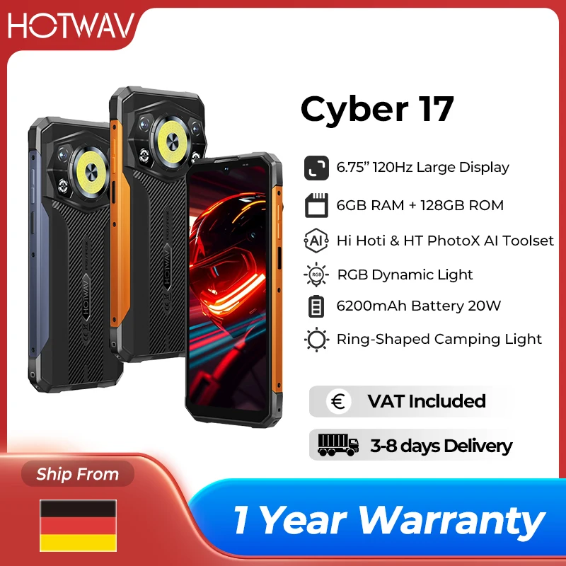 HOTWAV Cyber 17 Android 16 Robustes Smartphone 6,75'' 120Hz HD+ Großes Display RGB Dynamisches Licht Mobiltelefon 350LM Ringförmiges Campinglicht 48MP+16MP 6GB RAM 128GB ROM 6200mAh 20W Handy Mit Hi