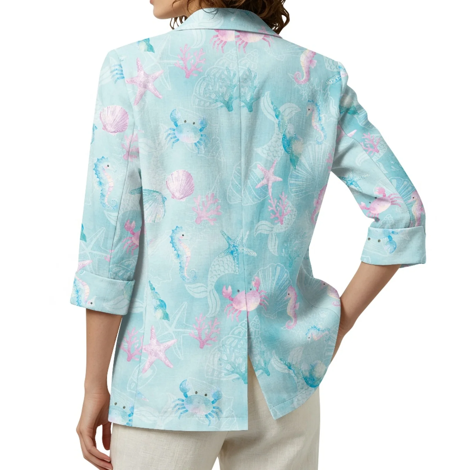 PENSTROLL Ocean Marine Life Casual Open Front Cardigans for Ladies Linen Style Outerwear Fall Outwear Tops