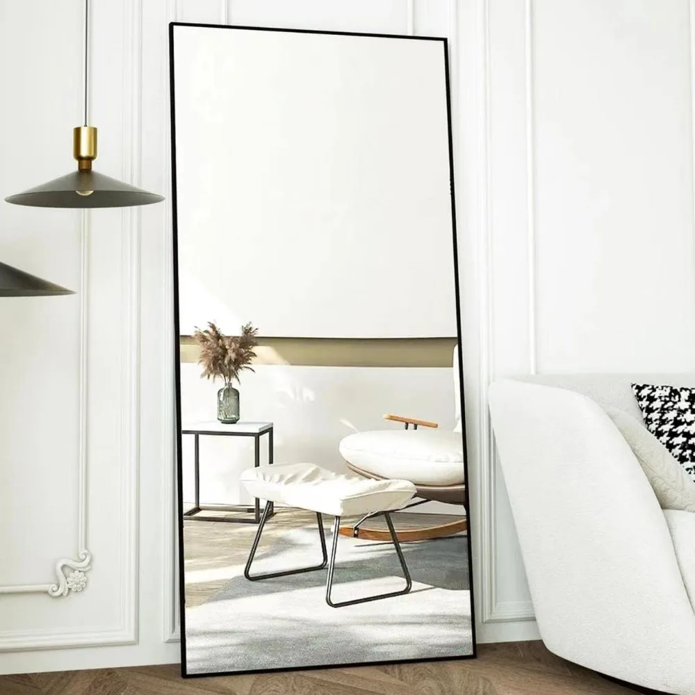 Cermin lantai persegi panjang 71 inci x 30 ", kaca gantung atau miring, rangka campuran aluminium seluruh tubuh, warna hitam