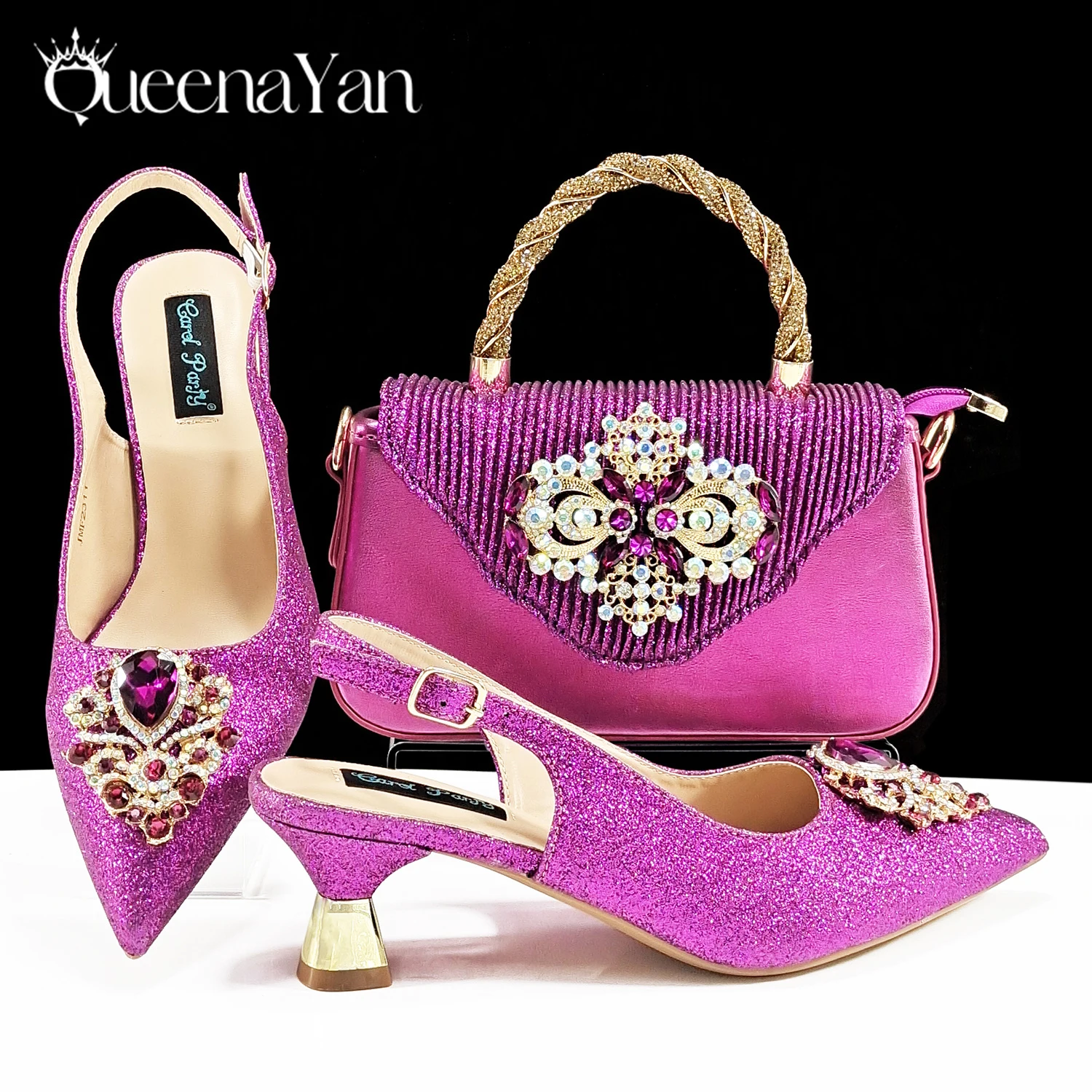 

Hot Selling Elegant Noble Colorful Rhinestone Design Fuchsia Color Party Wedding Pointed Toe High Heel Women Shoes and Bag Set