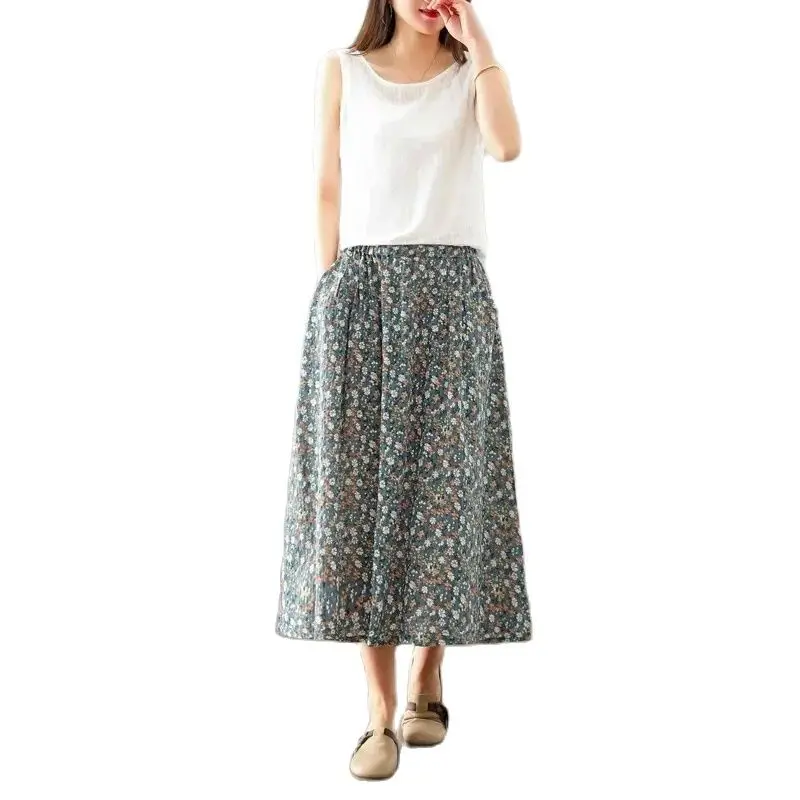 New Spring Cotton Linen Flower Skirts Women Elastic Waist CAKE Skirt Girl Sweet Literature Loose OL Skirt 2024 Summer B45508QC