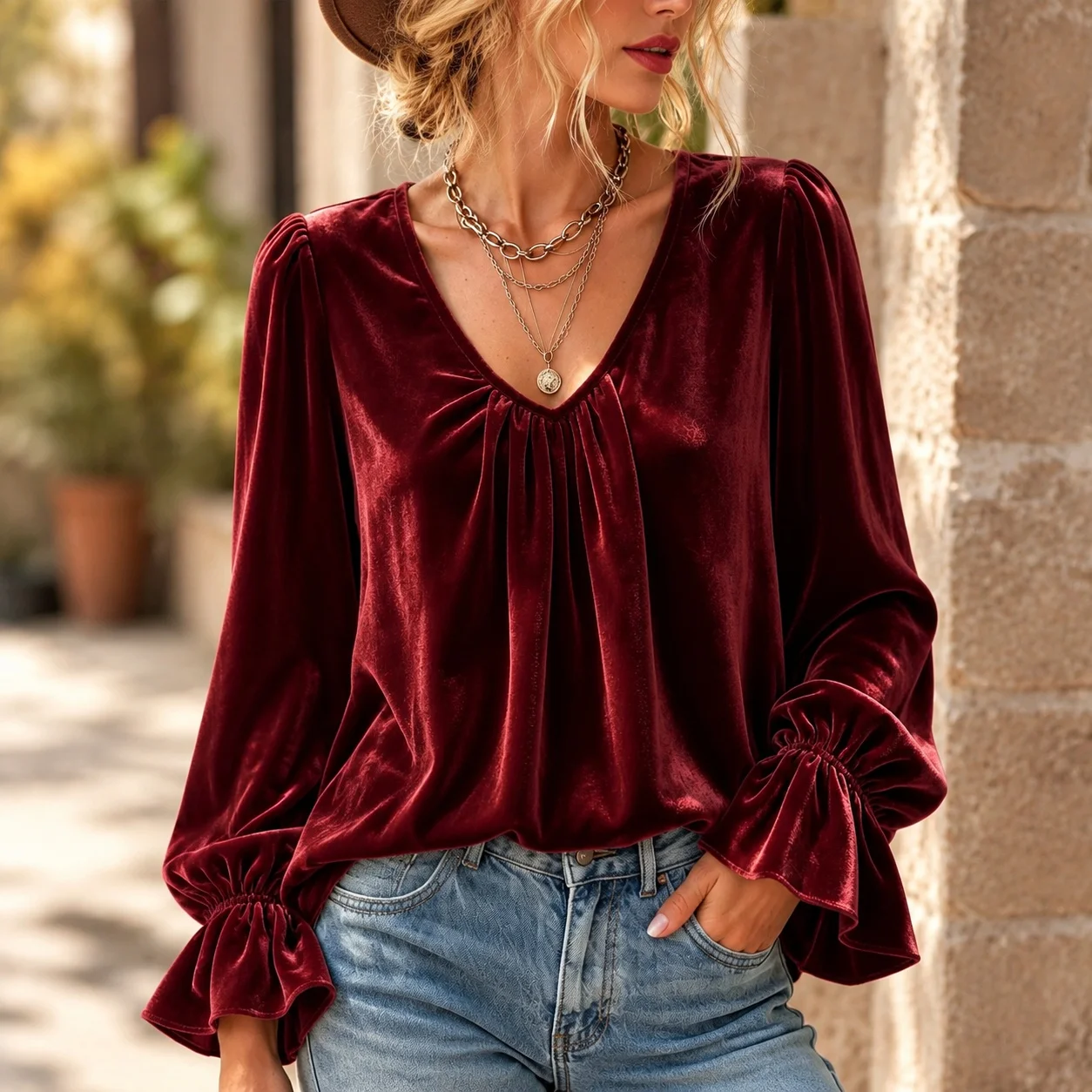 Long Sleeve Pleated Hat Regular Length Cross Border Elegant with V Neck Blouse Autumn Winter Autumn Long Sleeve Shirts for Women