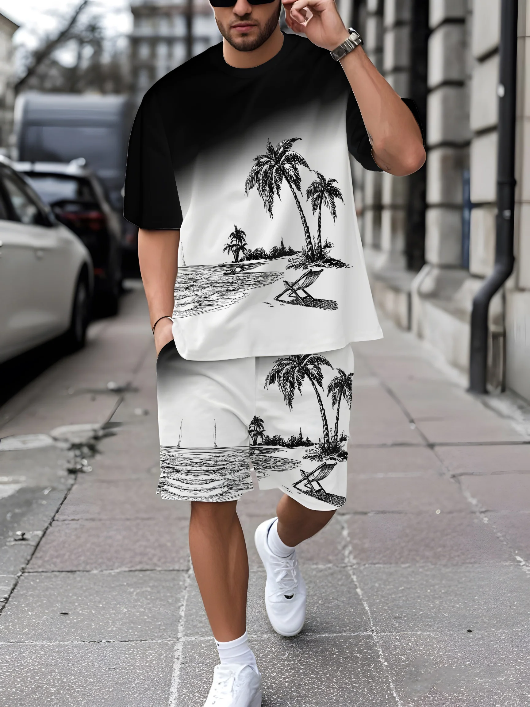 2026 Summer New Men's Short-Sleeved Set with 3D Coconut Tree Pattern Print for Street Casual Fashion with Breathable Design