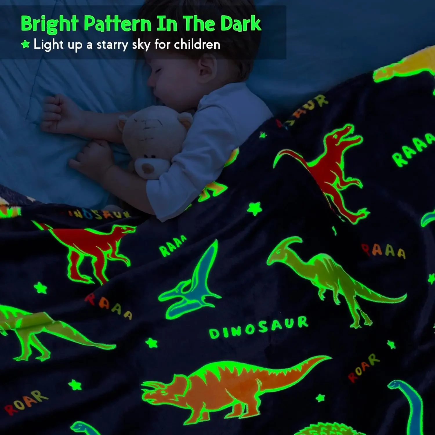 Dino Glow in the Dark Blanket - Navy Blue Dinosaur Themed Throw for Kids Boys & Girls Birthday Decor Suitable for Teens Toddlers