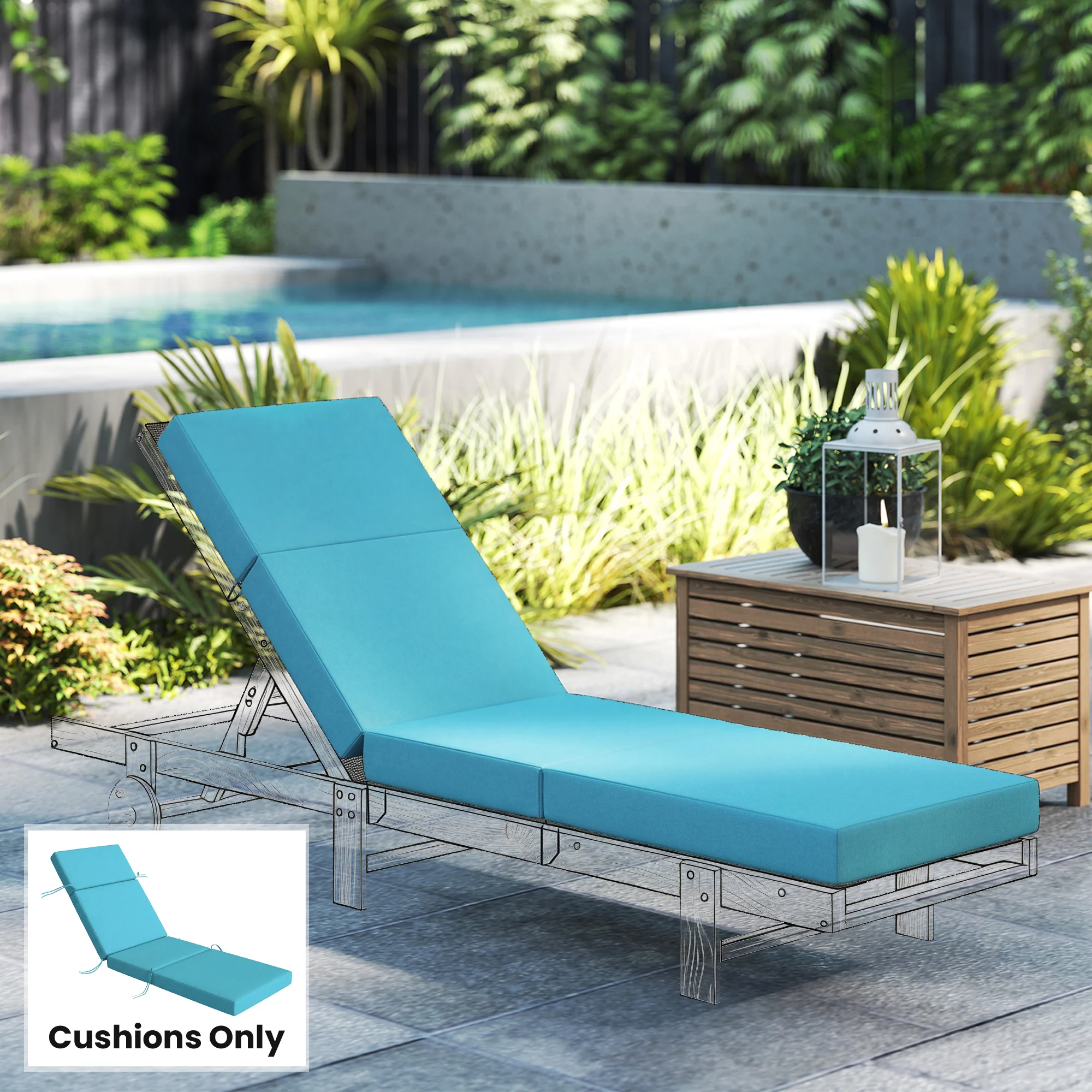 Lounge Chair Cushion with Ties, 21inch X 72inch , Blue