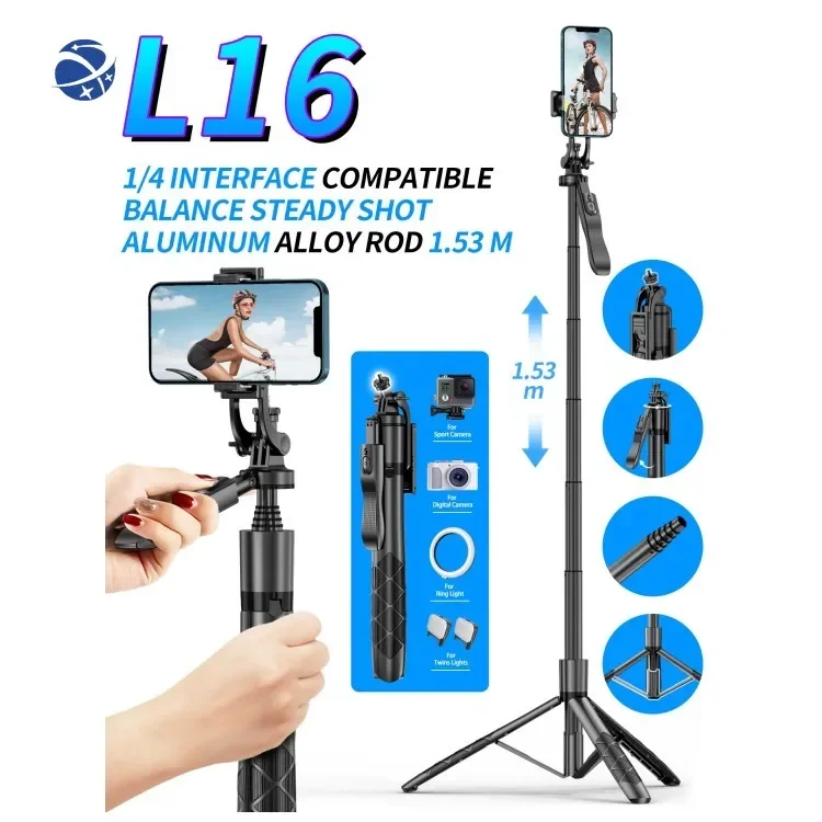 

L16 1.53m Long Ultimate Black Pole 360 Rotation Phone Camera Monopod Tripod Selfie Stick With Handle