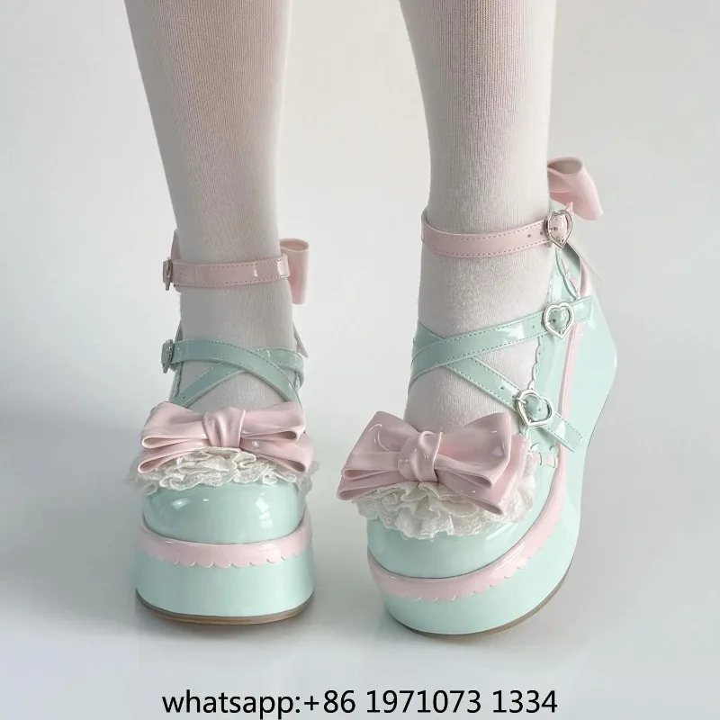 Sweet Lolita Style Girls Flat Platform ,Female Students Cute Bowknots Mary Jane Ankle Strap Elevator Shoes