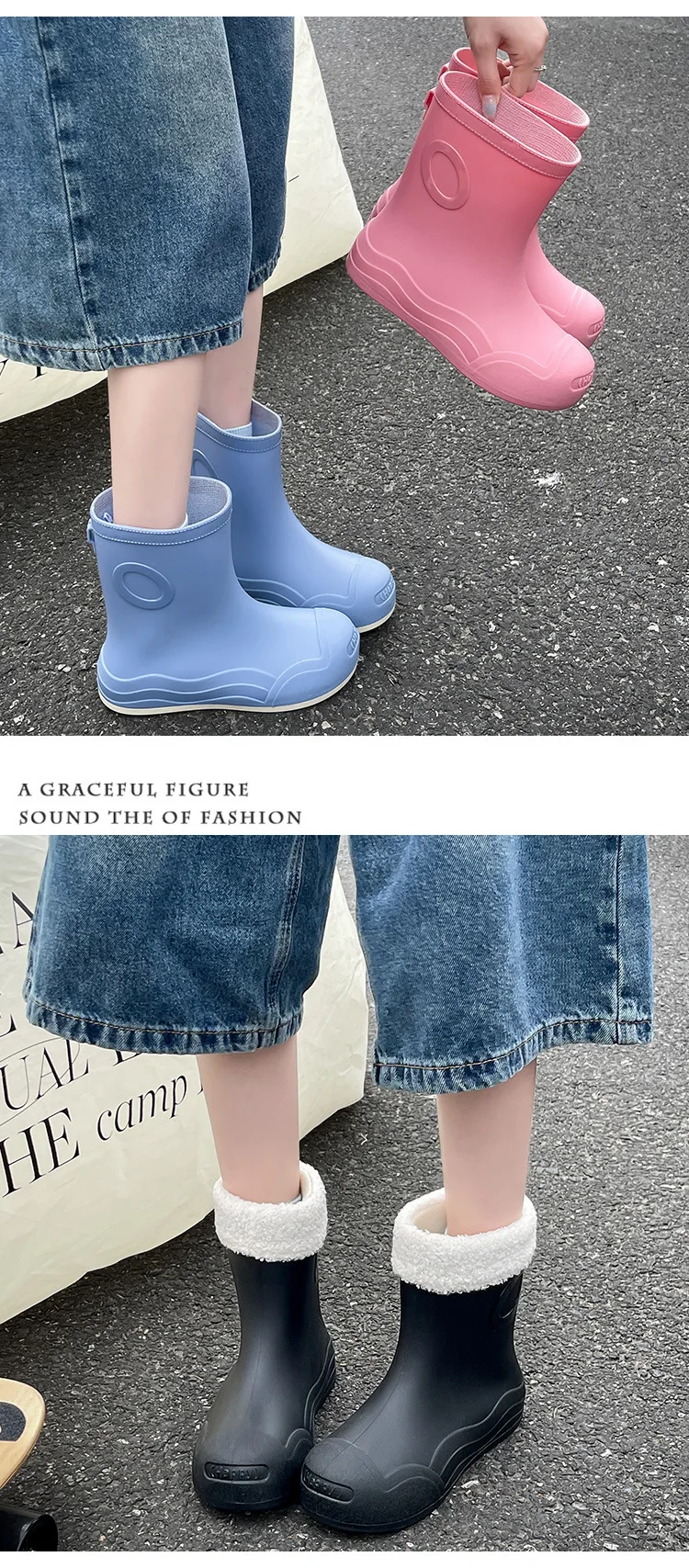 Plus Size 35-42 wasserdichte Regenstiefel für Damen, modische, leichte Gummistiefel, rutschfeste große Regenschuhe für Damen, Schwarz, Blau – Detail 13