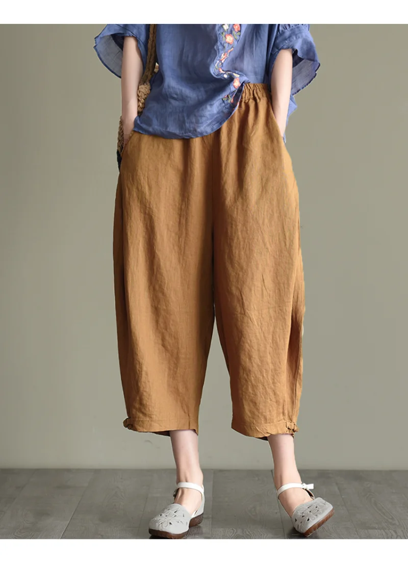 Retro Artistic Lantern Pants Loose Slimming Harlan Nine-Piece Women's Cotton Linen Blend Casual Trousers High Waist Commute S...