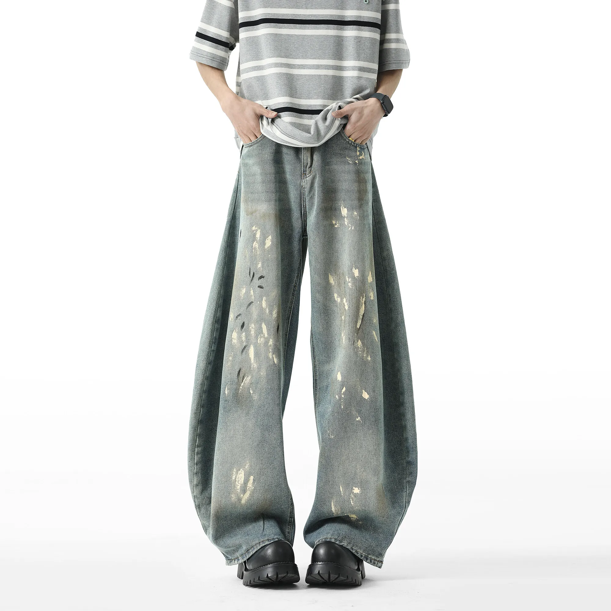 Men Blue Washed Denim Jeans Loose Fit Wide Leg Baggy Streetwear Casual Trousers Hip Hop Graffiti Design Fashion Stretch Comfort