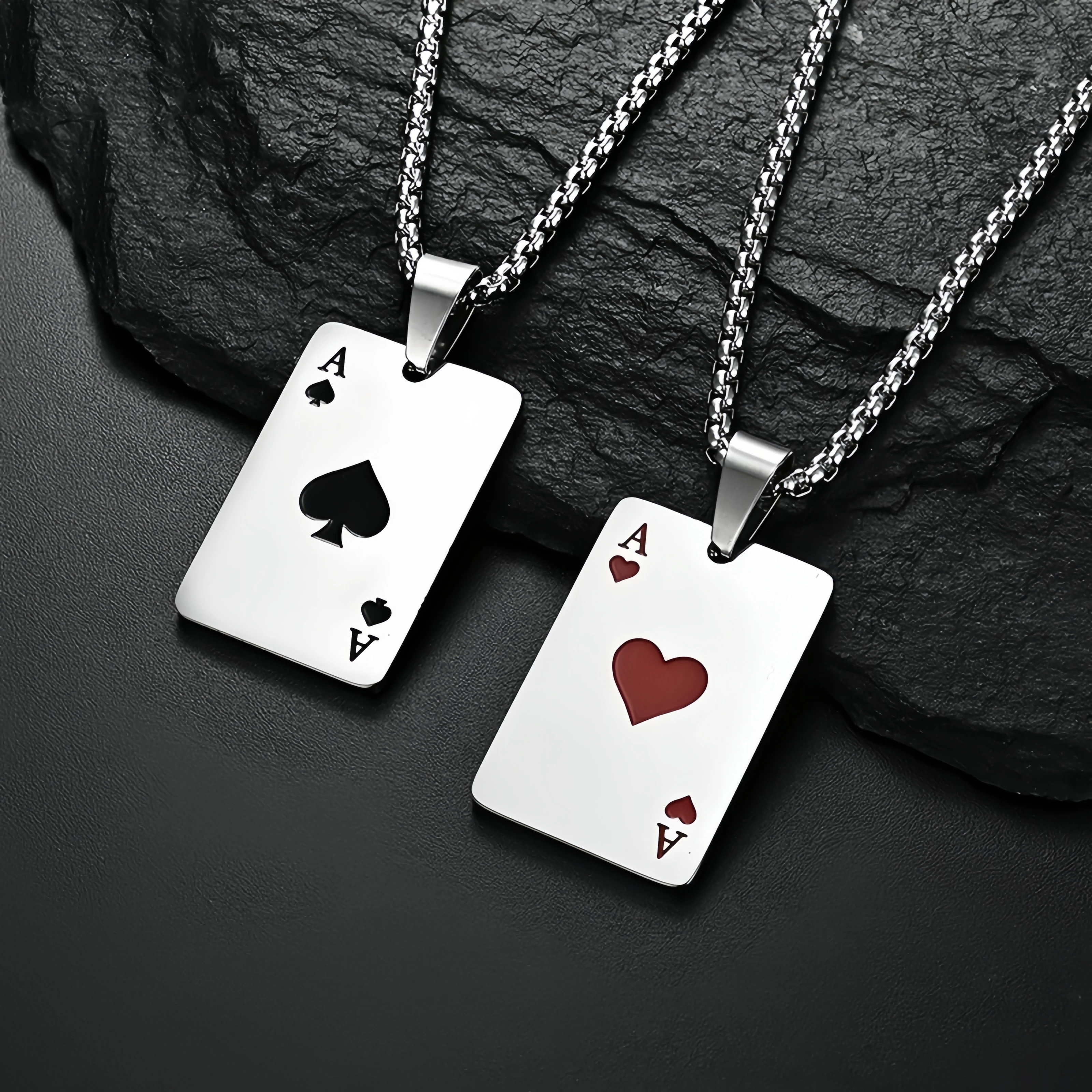 Stainless Steel Vintage Ace of Spades&Hearts Necklace For Men Women Punk Gothic Hiphop Jewelry Trendy Chain Accessories Gift