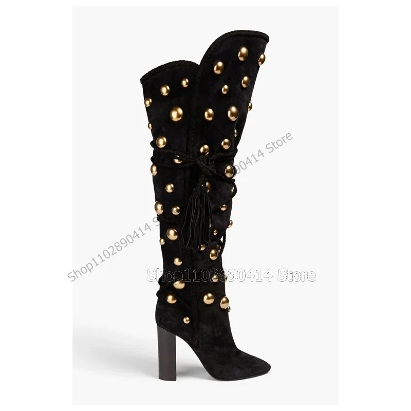 

Gold Rivets Decor Black Pointed Toe Strappy Boots Knee High Women Shoes Chunky High Heels Fashion Sexy 2023 Zapatos Para Mujere