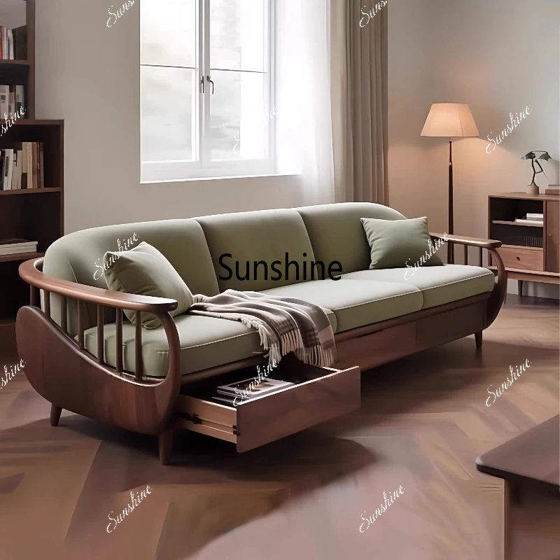 

New Chinese solid wood sofa living room light luxury custom leather cloth straight row living room furniture