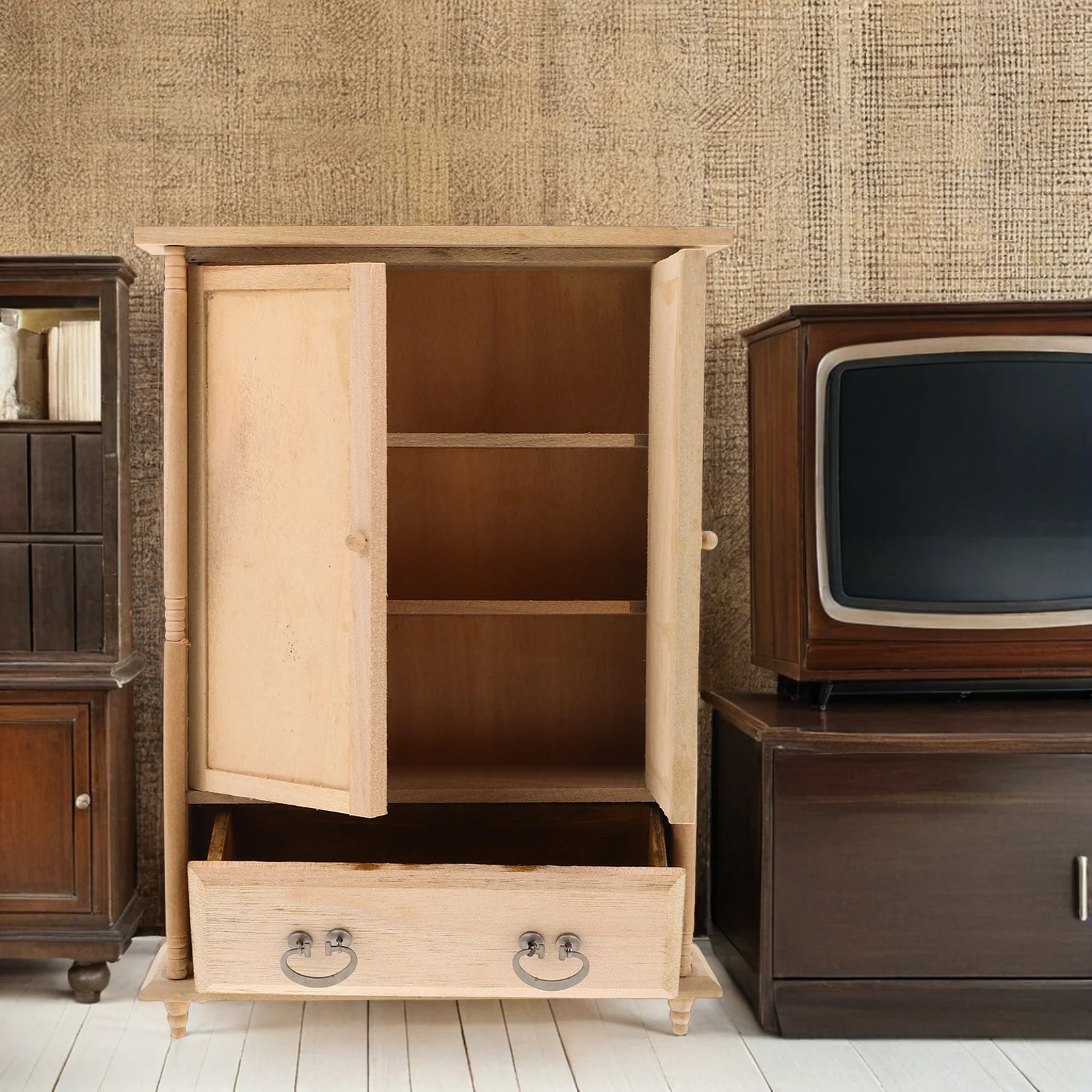 Armario Vintage de madera en miniatura 1:12, puerta doble para casa de muñecas, muebles de dormitorio, accesorios, armario para