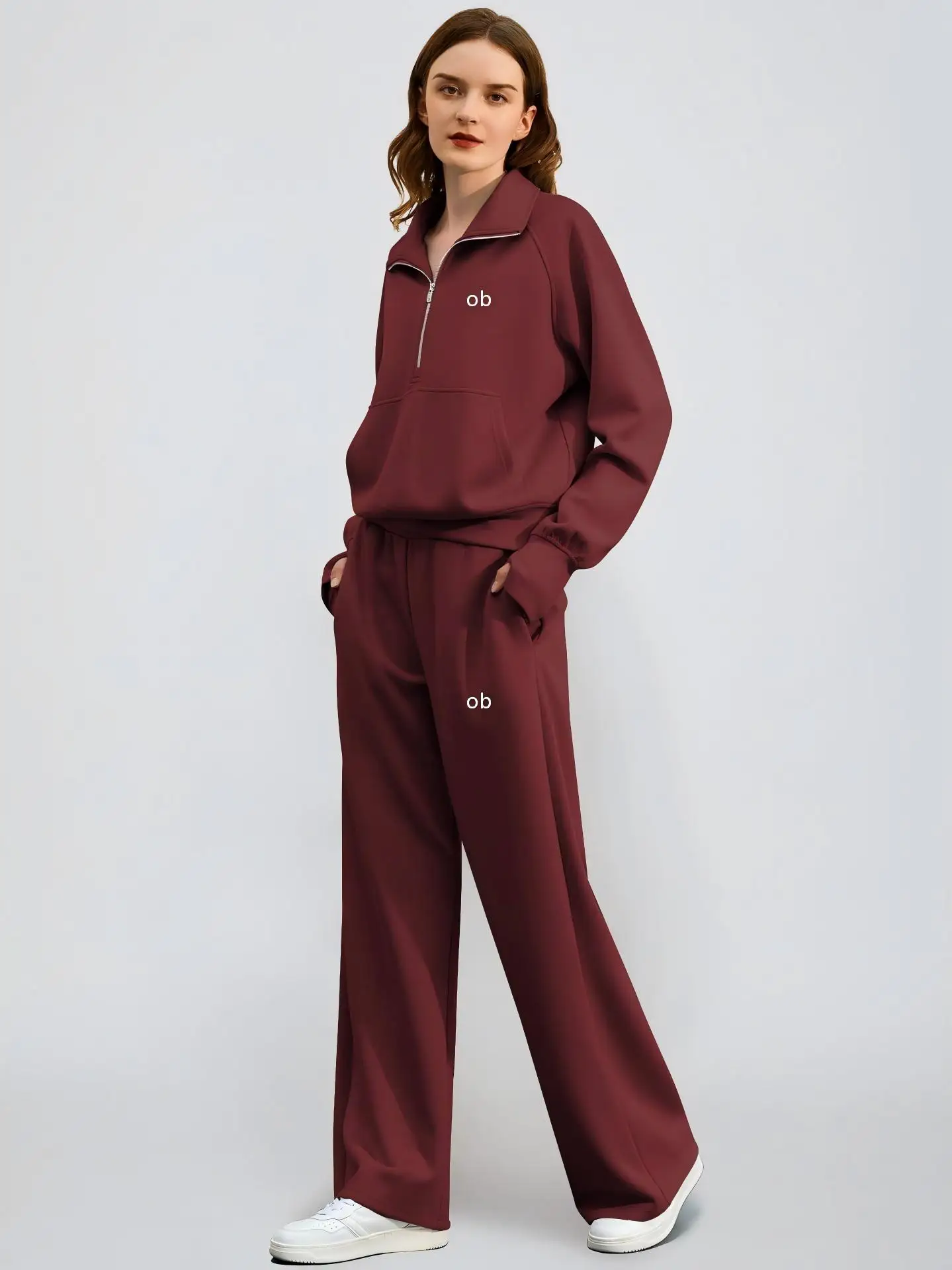 2026 New Style Fashion Women's Retro Two-Piece Set with Extra Large Half-Zip Sweatshirt and Wide Leg Sweatpants for Casual Wear view 5