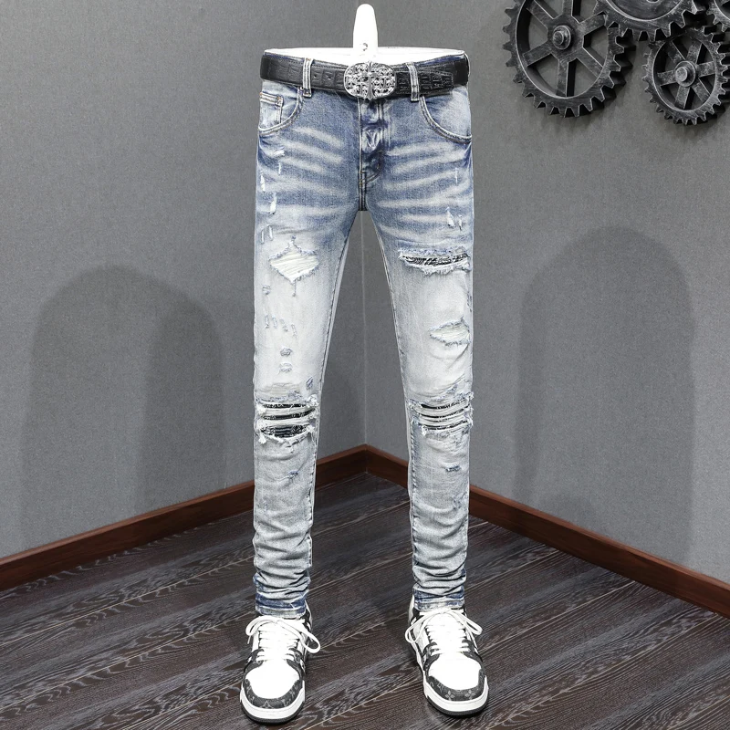 

High Street Fashion Men Jeans Retro Washed Blue Stretch Skinny Fit Ripped Jeans Men Paisley Patched Designer Hip Hop Brand Pants