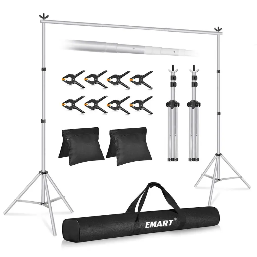 

Backdrop Stand 10x7ftWxH Photo Studio Adjustable Background Stand Support kit with 2 Crossbars, 8 Clamps, 2 Sandbags and Carry B