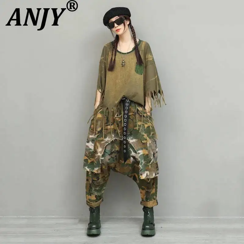 

ANJY Spring Summer New Women Tide Fashion Distressed Tassel Loose T-shirt Stylish Fake Two-piece Ripped Denim Cross-pants A22406