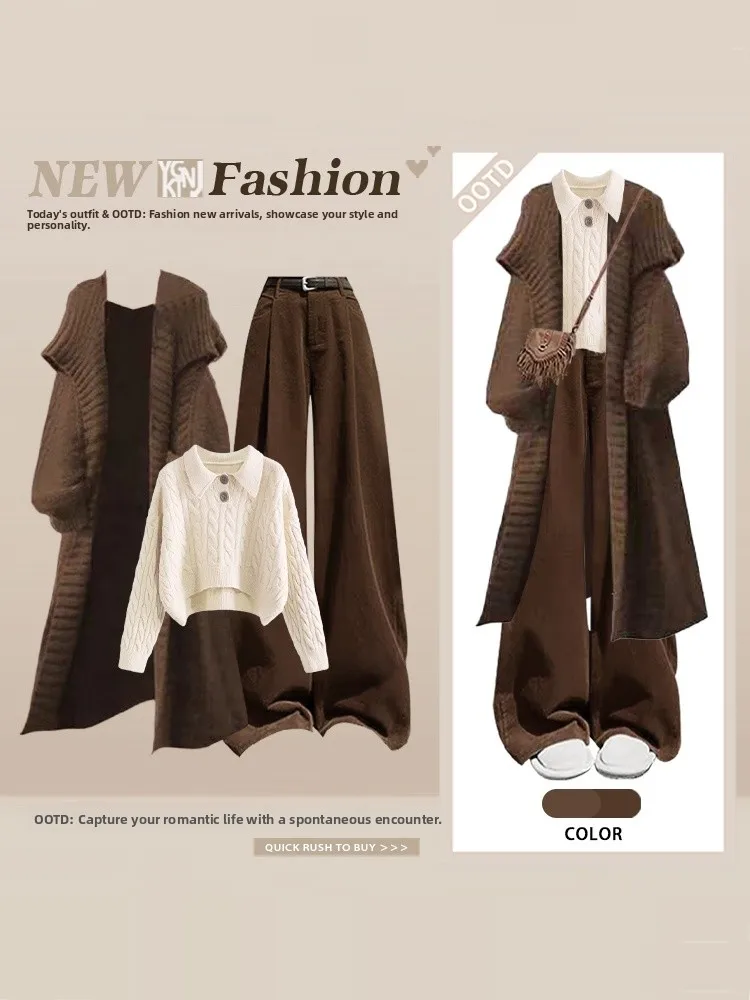 

Loose Long Sweater Coat And Wide Leg Pants Set Vintage Preppy Style Winter Fashion Women's Three Piece Suit High Waist Trousers
