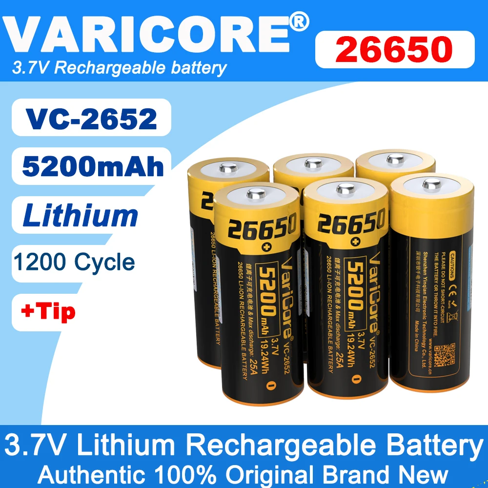 VariCore 3.7V 26650 5200mAh VC-2652 batterie au Lithium Rechargeable 25A décharge avec pointe pour lampe de poche à lumière forte