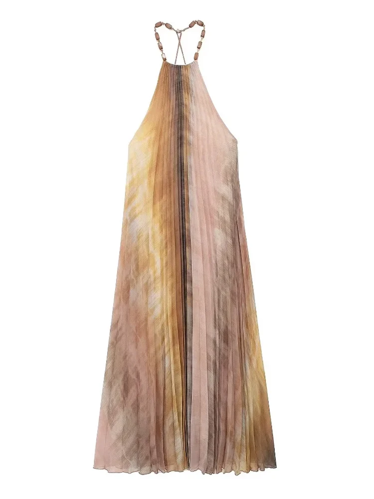 

KAOPU ZA Women with beads tie-dye pleated midi dress vintage halter neck backless female dresses vestidos mujer