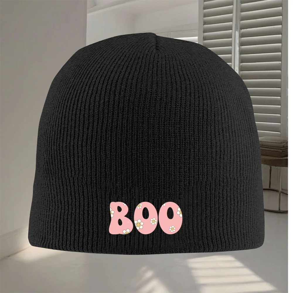 1 peça gorro de flor rosa BOO com coração branco e letras BOO – boné de malha de mistura acrílica quente à prova de vento para homens e mulheres