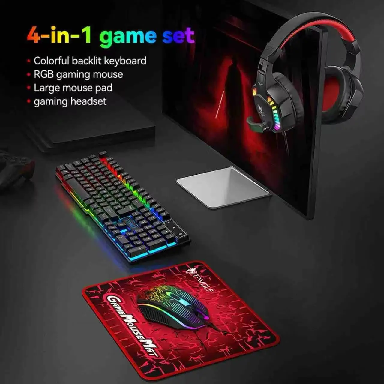 

NEW USB Keyboard And Mouse Gaming Headset Combos 4 In 1 English Gaming Wired Keyboard Mouse Set With Mouse Pad and Headphones