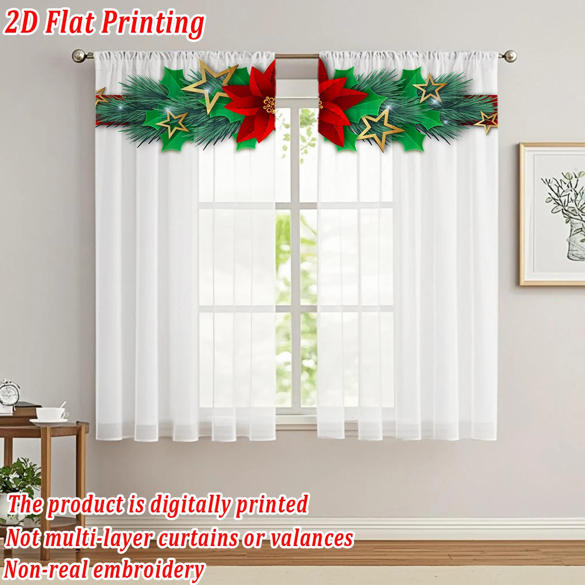 ستارة شفافة للمطبخ بطباعة مسطحة لعيد الميلاد مع برج البونسيتة لعيد الميلاد لحفلات ديكور المنزل في عيد الميلاد