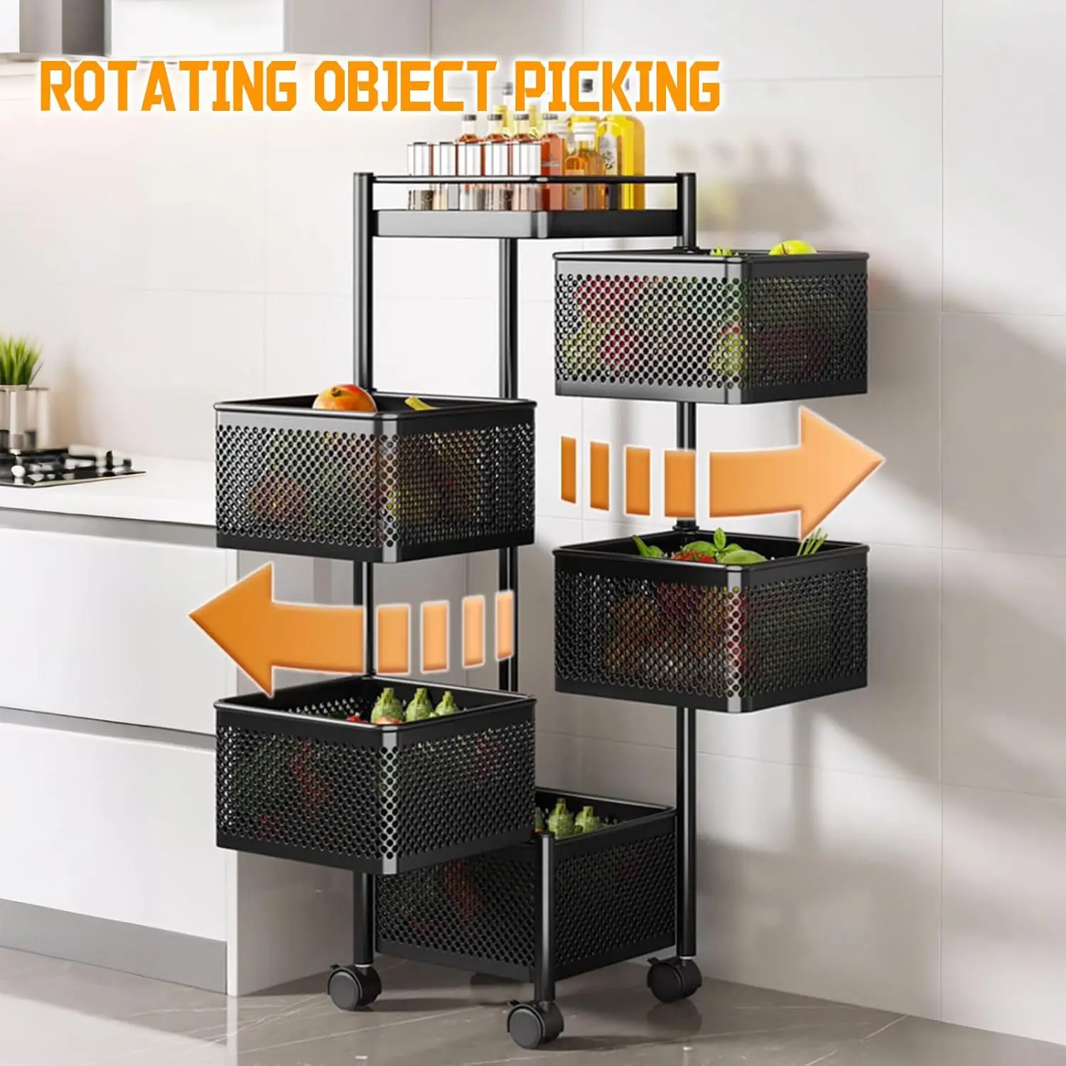5 Tier Rolling Cart Vegetable Rack for Kitchen Rotating Storage Rack with Swivel Base Mobile Kitchen Cart on Wheels Breathable D 6