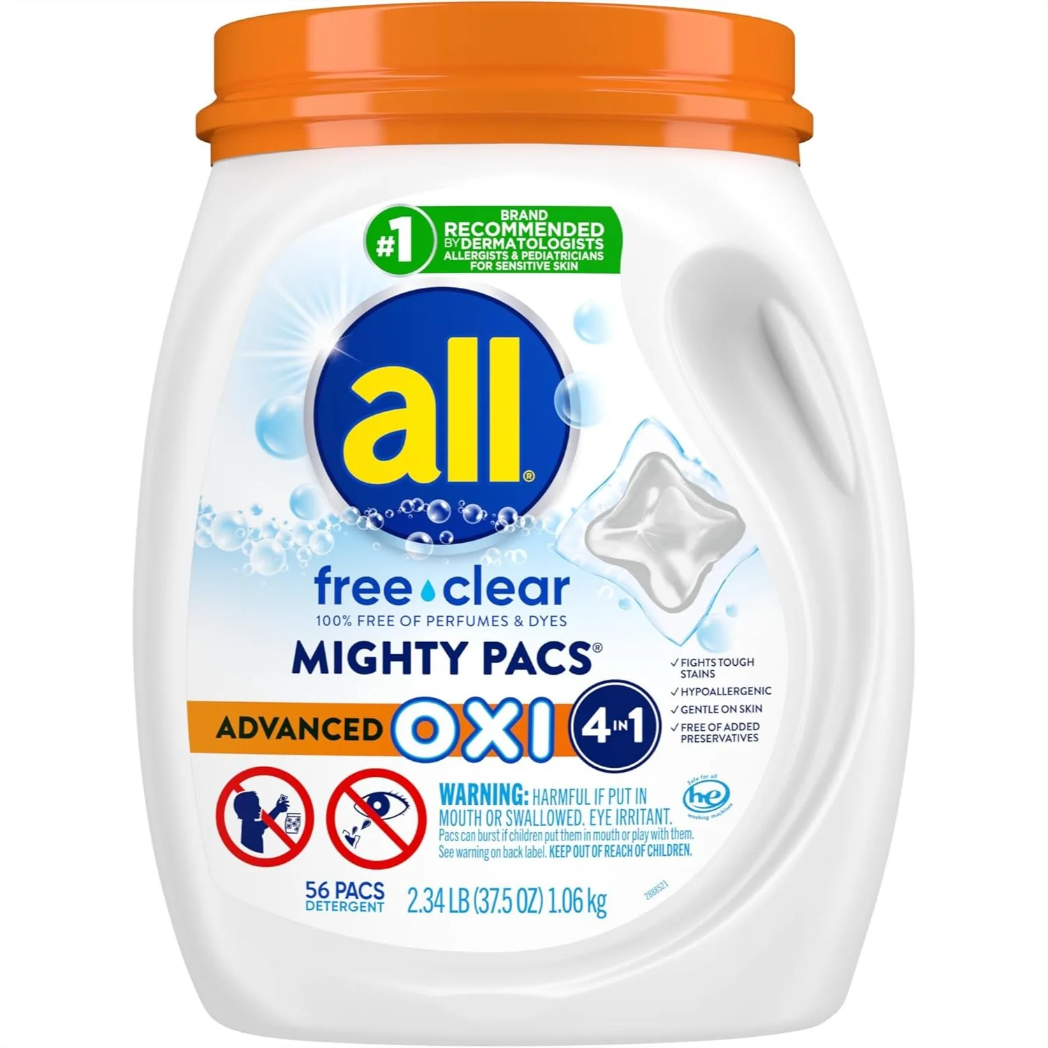 

All Laundry Detergent Pacs with OXI Stain Removers and Whiteners, Free Clear Unscented Dye Free 56 Count